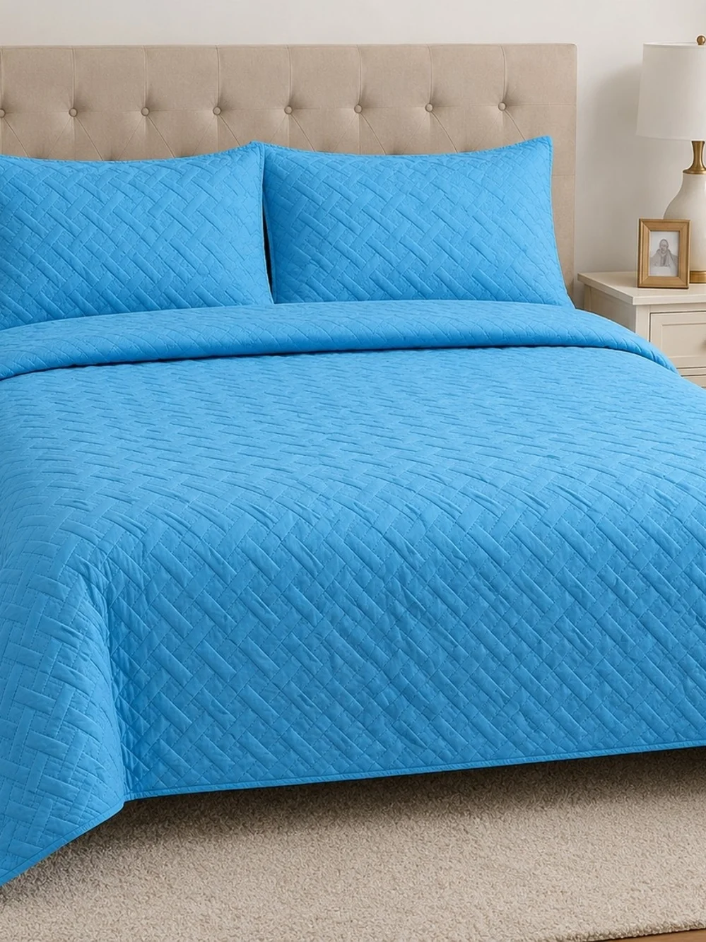 Everyday Quilted Comforter Set in Sky Blue With 2 Pillow Cover.  ( 3 Pieces Set)